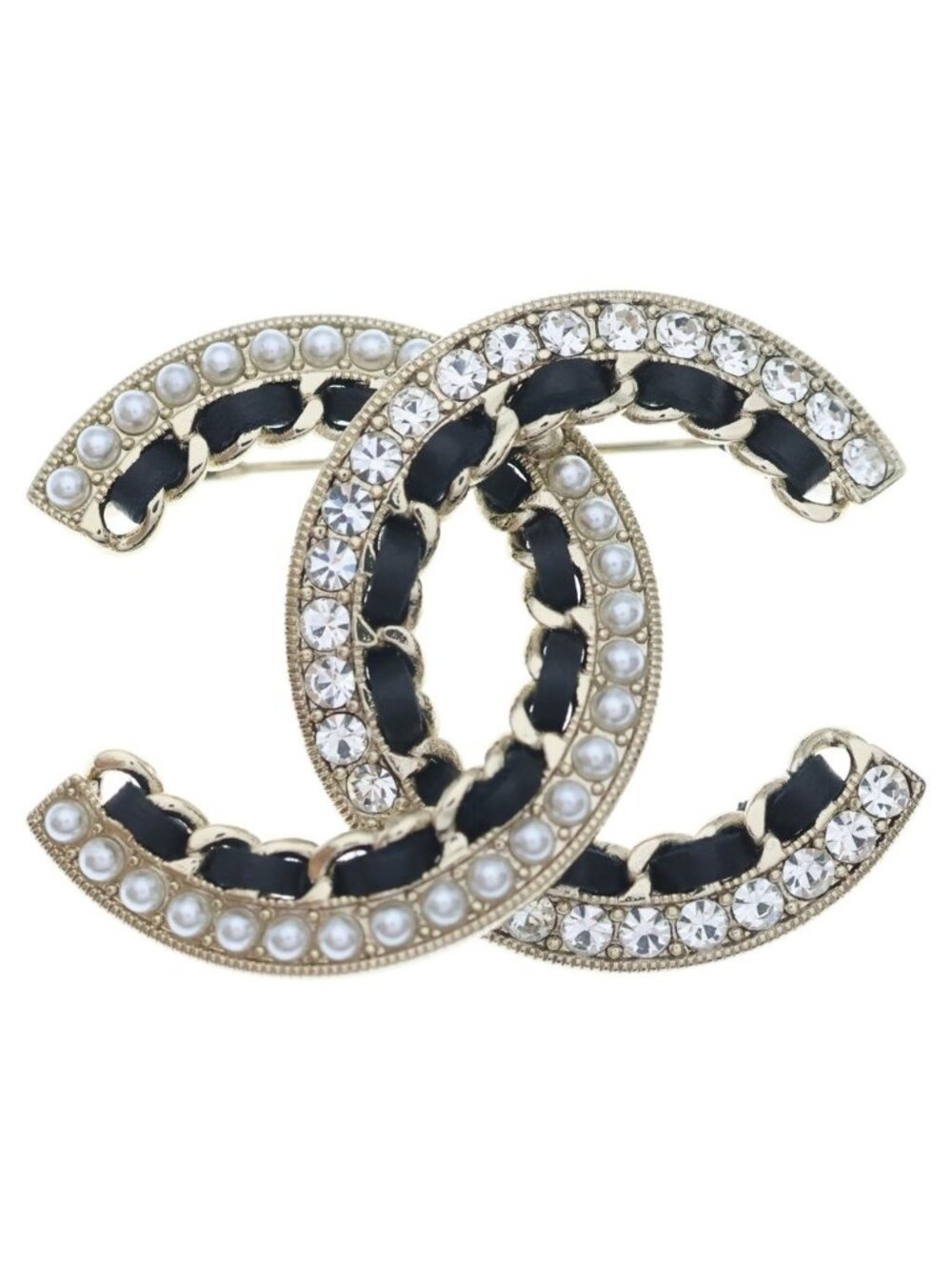 Chanel CC Logo Brooch Metal Leather Rhinestone Gold Plated Black